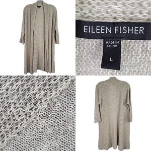 Eileen Fisher Cardigan Sweater Womens Size L Open Knit Longline Tan Linen